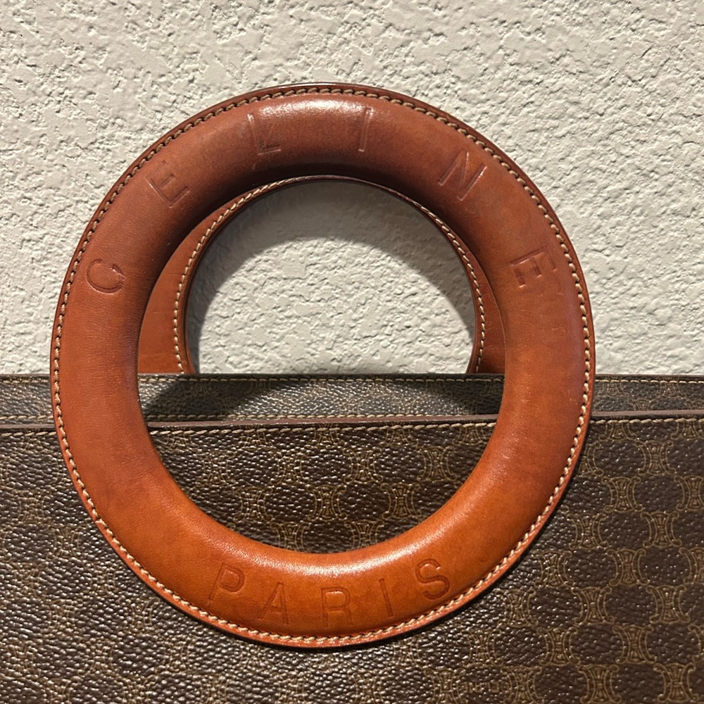 Celine Brown Macadam Top Handle Tote with Tan Leather Circular Handles - Picture 2 of 16